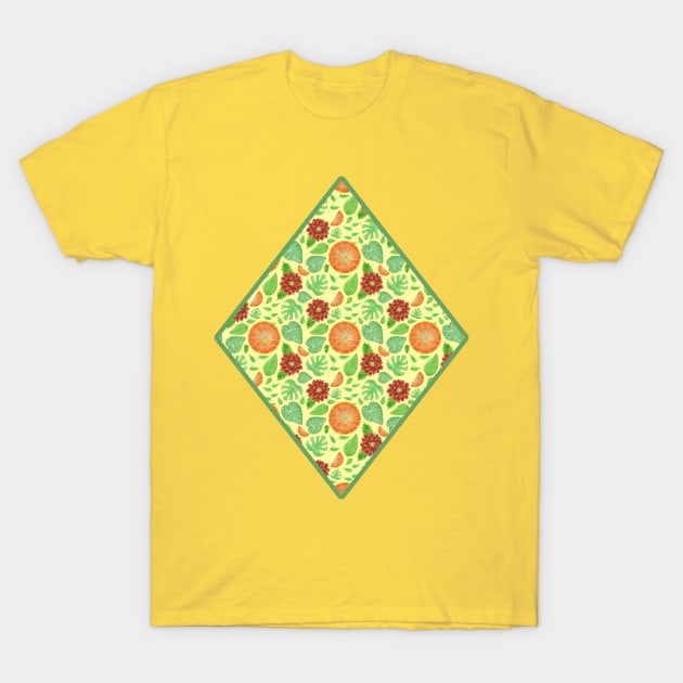 Oranges, Slices, Dahlia, Monstera, Rhapidophora, and Philodendron Gloriosum Leaves T-Shirt by Penny Passiflora Studio